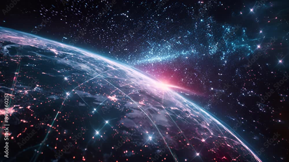 Aufkleber A planet with a network of lines and stars surrounding it. The planet is surrounded by a network of lines and stars, creating a sense of interconnectedness and vastness