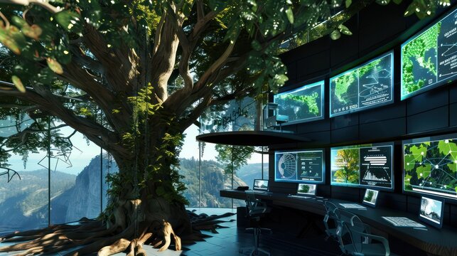 high-tech treehouse office designed for ecological virtual meetings, with nature data integrated on digital displays