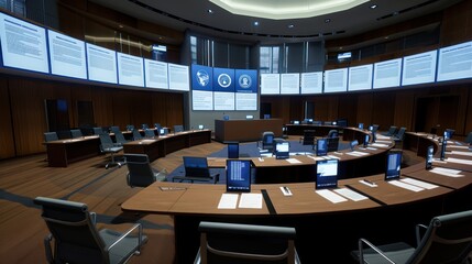 high-tech virtual courtroom for international law simulations, with screens showing legal documents and participant avatars