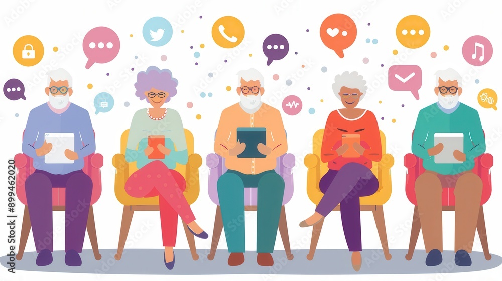 Poster five elderly individuals are attentively using tablets while seated in vibrant chairs, surrounded by