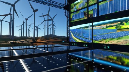 high-tech virtual conference for renewable energy, with screens displaying innovations in solar, wind, and hydro power