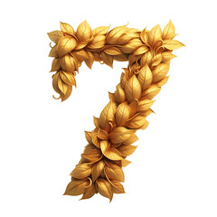 The Number 7, seven, made of golden leaves isolated on transparent background, png.