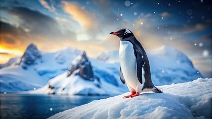 Obraz premium A cute penguin standing on a snowy cliff , Antarctica, flightless bird, wildlife, adorable, cold climate, black and white, aquatic