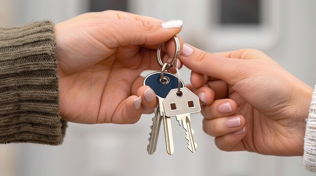 Close-up of hands exchanging house keys, symbolizing real estate transaction, home ownership, or moving in/out.
