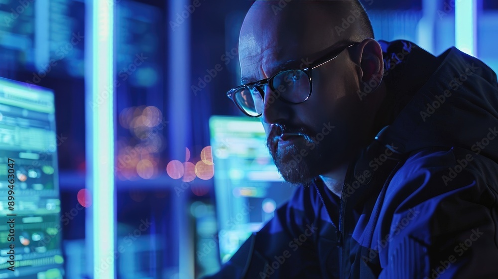 Aufkleber cybersecurity analyst using advanced software to monitor threats