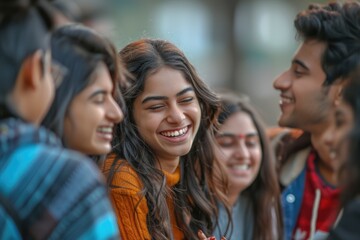 Indian college students laughing together on campus.