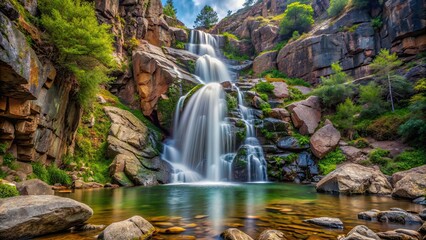 Fototapeta premium Small waterfall cascading down a rocky cliff in a mountain setting, waterfall, nature, landscape, mountains, rocks, serene
