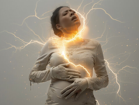 Femme se tordant de douleur au niveau du ventre avec des &eacute;clairs, montre la douleur chronique, le handicap invisible, la souffrance de r&egrave;gles, endom&eacute;triose, infertilit&eacute;, cancer ovarien, tumeurs, SOPK