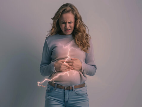 Femme se tordant de douleur au niveau du ventre avec des &eacute;clairs, montre la douleur chronique, le handicap invisible, la souffrance de r&egrave;gles, endom&eacute;triose, infertilit&eacute;, cancer ovarien, tumeurs, SOPK
