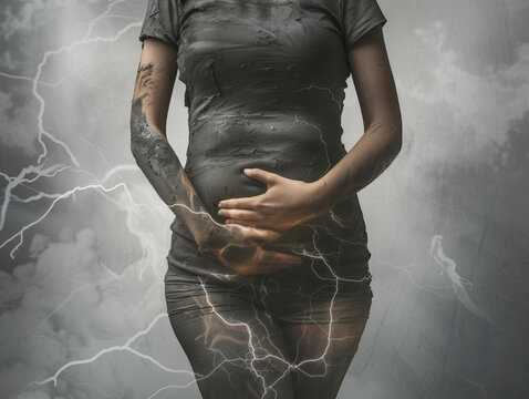 Femme se tordant de douleur au niveau du ventre avec des &eacute;clairs, montre la douleur chronique, le handicap invisible, la souffrance de r&egrave;gles, endom&eacute;triose, infertilit&eacute;, cancer ovarien, tumeurs, SOPK