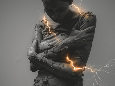 Femme se tordant de douleur au niveau du ventre avec des &eacute;clairs, montre la douleur chronique, le handicap invisible, la souffrance de r&egrave;gles, endom&eacute;triose, infertilit&eacute;, cancer ovarien, tumeurs, SOPK