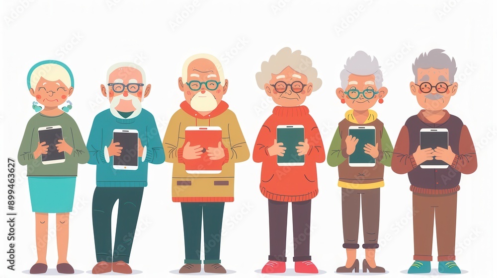 Poster elderly people hold tablets and smartphones, enjoying technology and connecting with each other in a