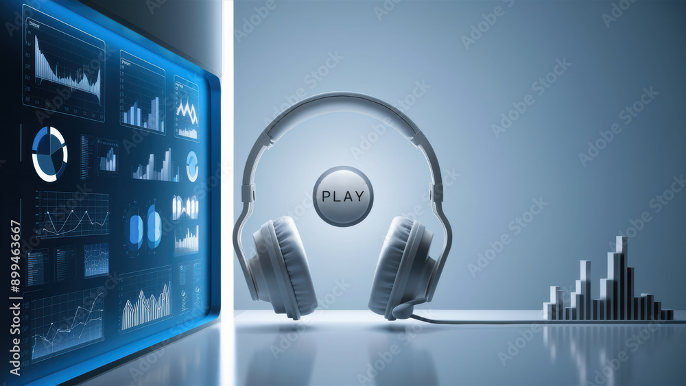 Poster a computer screen with a graph and headphones on it, ai