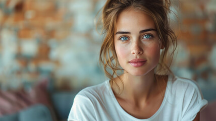 Fototapeta premium Close-up portrait of a very beautiful girl wearing White T-shirt