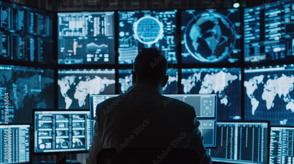 Poster cybersecurity professional analyzing threat data on multiple screens