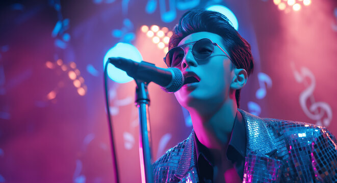 K-pop male singer wearing sunglasses and singing on live stage in retro pink and blue light with copy space - Powered by Adobe