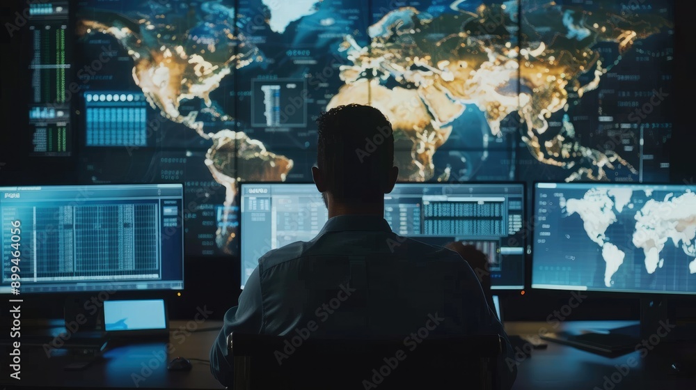 Poster cybersecurity professional analyzing threat data on multiple screens