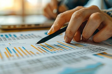 Close-up of hands analyzing financial data on paper with graphs and charts, highlighting business performance and market trends.