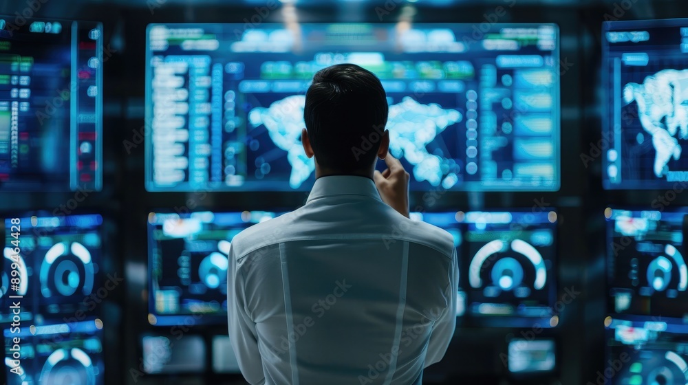 Aufkleber cybersecurity specialist monitoring a network security dashboard in a control room
