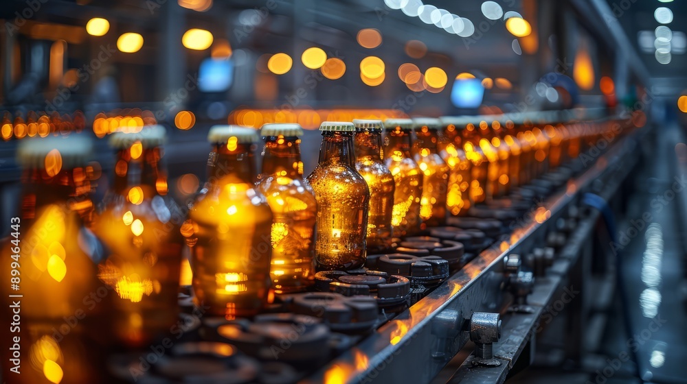 Poster amber waves of production: a captivating close-up of an automated bottling line, showcasing rows of 