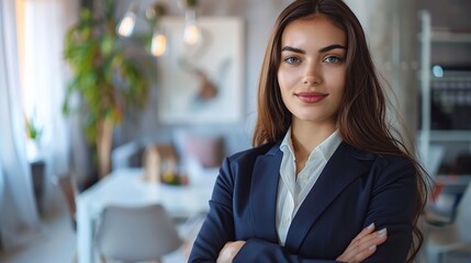 Naklejka premium Portrait of a professional woman in a suit. Business woman standing in an office
