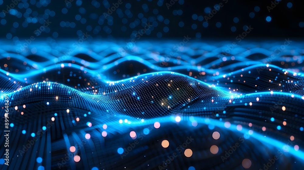 Poster futuristic digital communication network with glowing blue lines and nodes representing technology a