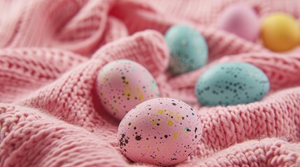 Background for Easter celebration with colorful eggs on pink knitted fabric