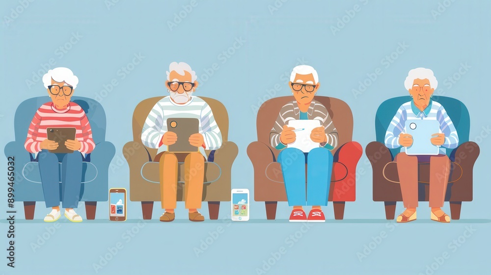 Aufkleber four elderly individuals use various devices while sitting comfortably in different chairs, enjoying