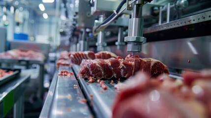 A meat processing line with a large piece of meat being sliced