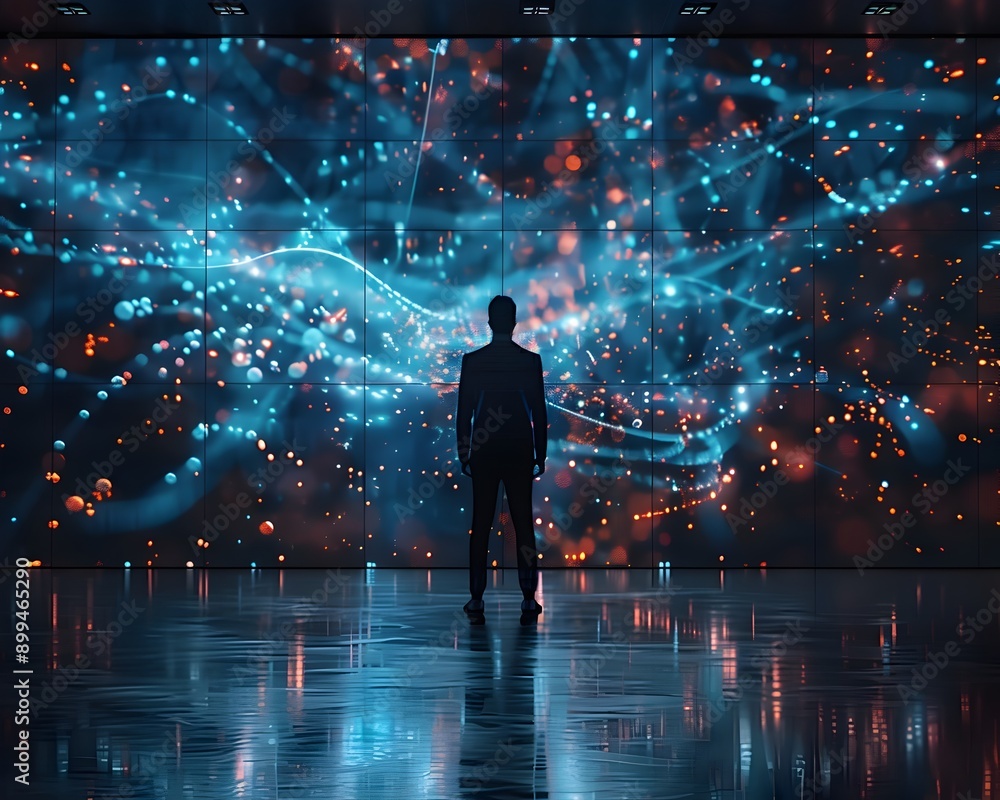 Poster businessman navigating digital landscape with data visualization and network connections