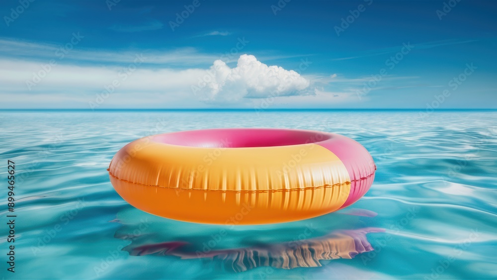 Poster a floating inflatable ring in the ocean with a cloud behind it, ai