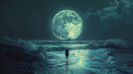 Illustration of a human silhouette standing on the beach at night with background sea and white moon