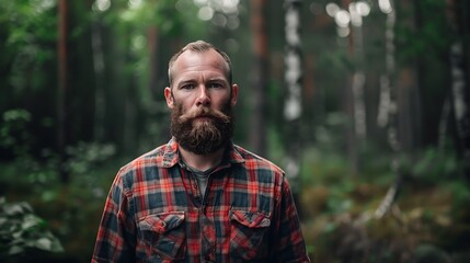 A white man with a rugged beard and a plaid shirt, standing in a forest clearing.