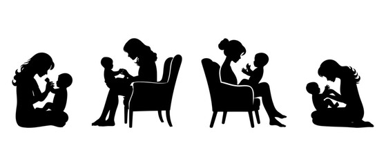 Obraz premium Mom sitting with her baby silhouette black filled vector Illustration icon