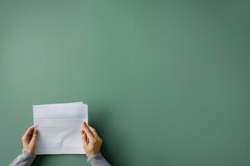 A person's hands holding a stack of blank papers on a green background, ideal for creative and professional use.