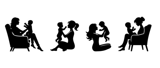 Mother and baby happy moments silhouette black filled vector Illustration icon