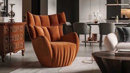 Modern living room interior with armchair, wooden commode, side table and elegant home accessories. Dining room in the back illustration.