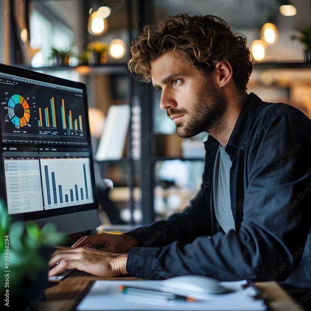 Aufkleber businessperson analyzing data on computer in modern office setting