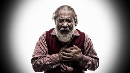 A man with a beard and vest is holding his chest, AI