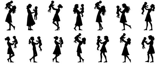 Mother holding her baby silhouette black filled vector Illustration icon set