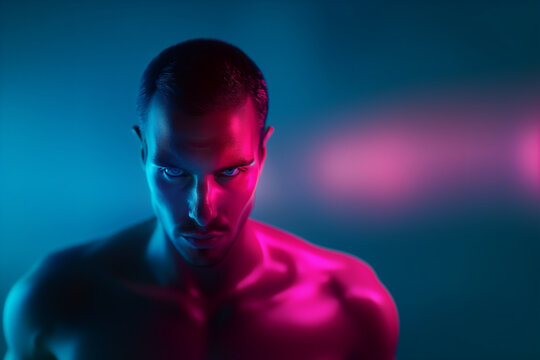 Close-up of a man's intense facial expression illuminated by dramatic neon blue and pink lighting, creating a captivating and modern visual.