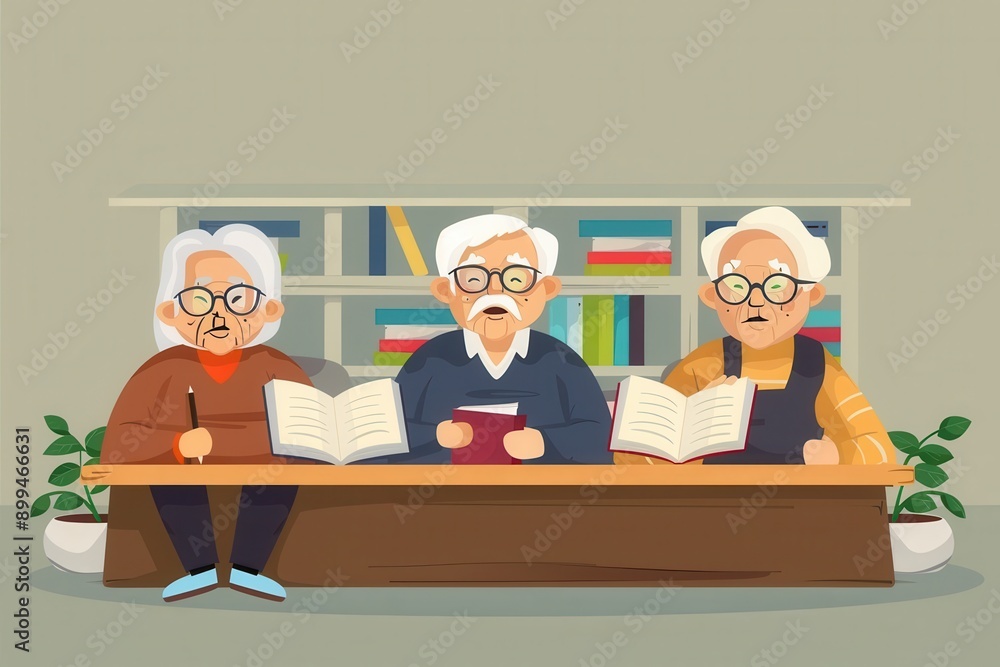 Poster three elderly individuals study foreign languages using textbooks and dictionaries in a relaxed comm
