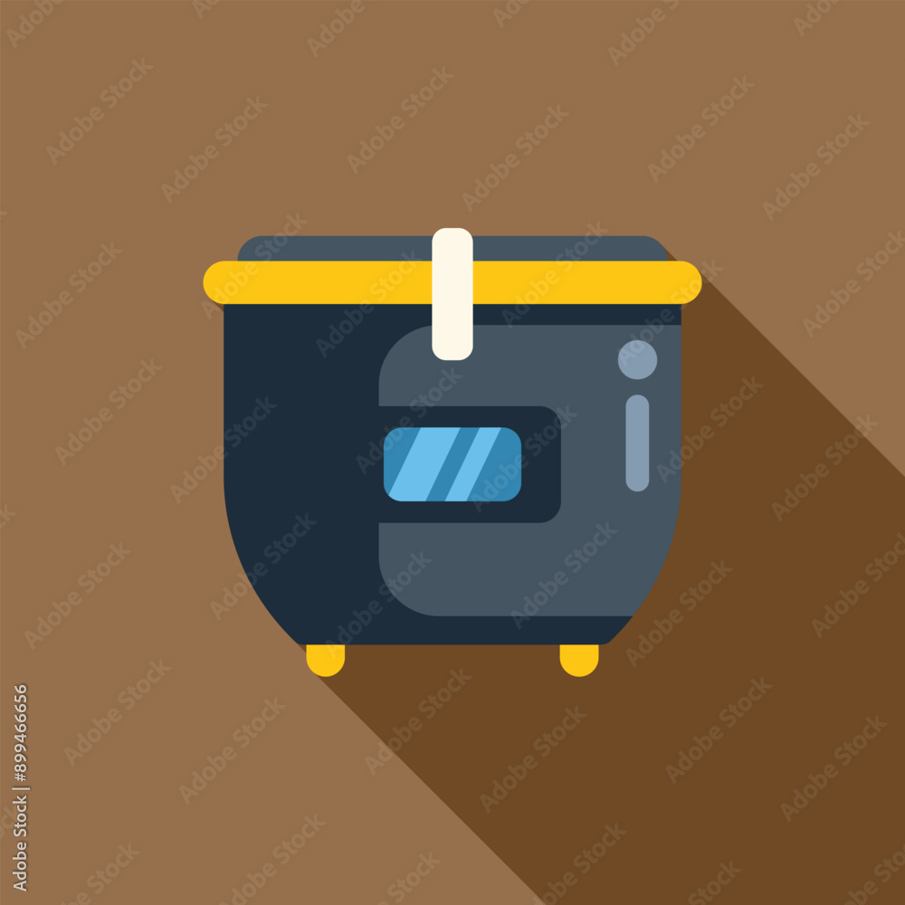 Poster modern multi cooker showing cooking process on display with long shadow on brown background