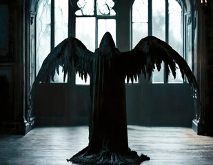 back rear view wizard warlock witch figure in mansion, ghost in castle on window background. back, rear view of lucifer satan devil demon fallen angel in black shroud with hood raven wing dark shroud	