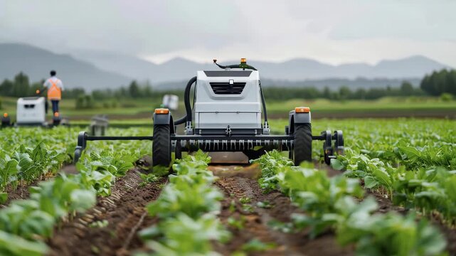 Autonomous machinery harvesting crops, agriculture tech, efficient crop collection