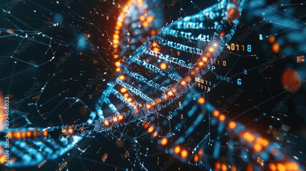 Poster digital dna model rotating in a virtual space, with scientific data overlay