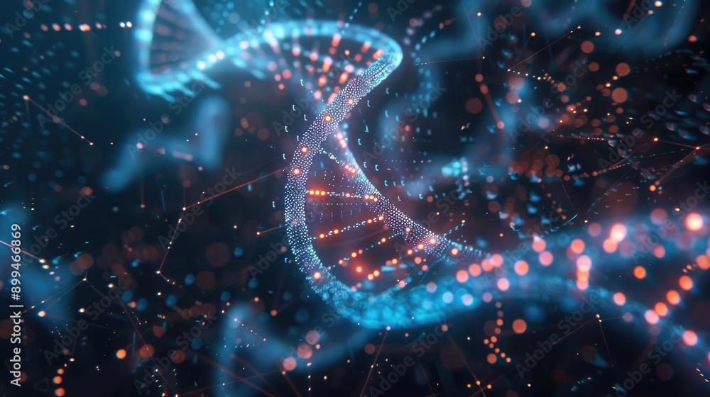 Poster digital dna model rotating in a virtual space, with scientific data overlay