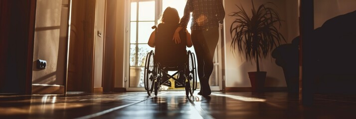 Rear view of a person in wheelchair being assisted by another person in a warmly lit home. Highlighting caregiving and support.