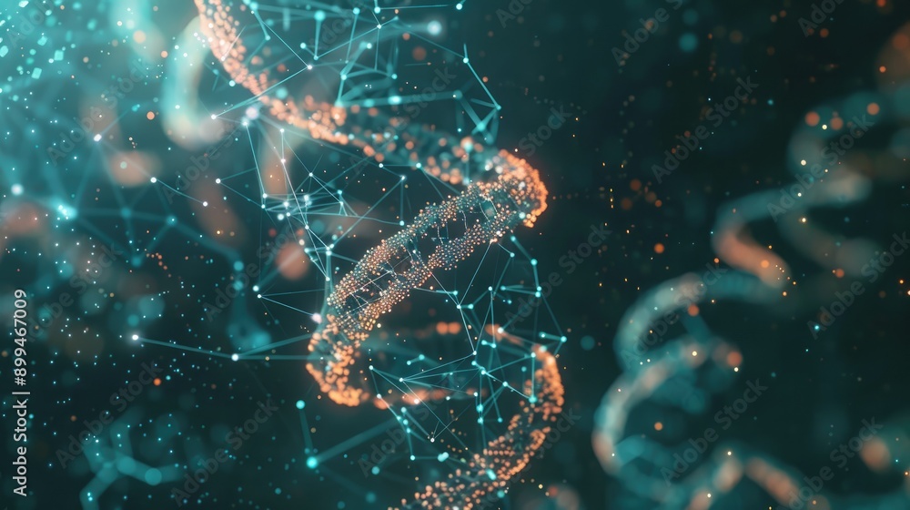 Poster digital dna model rotating in a virtual space, with scientific data overlay
