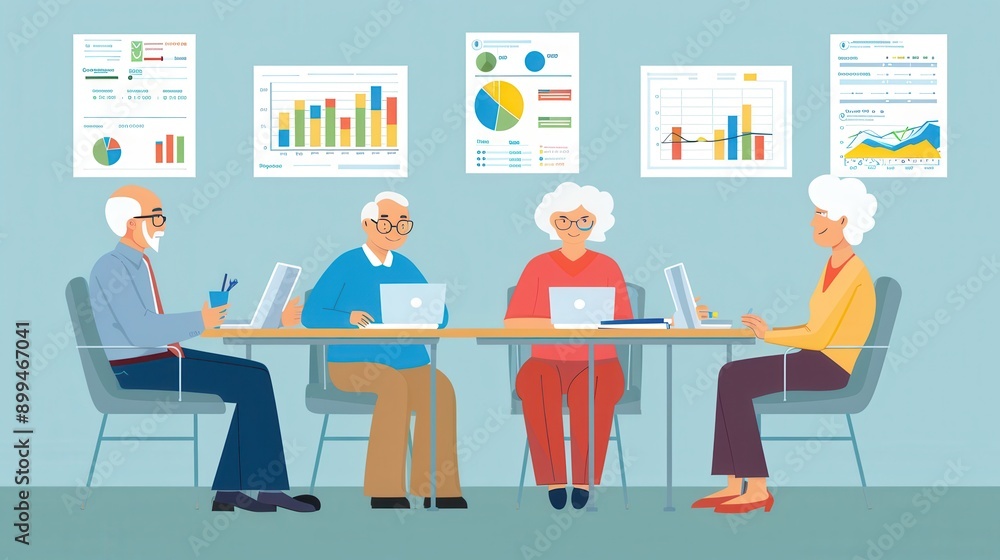 Poster four elderly individuals work together at a table, analyzing graphs and charts displayed on the wall